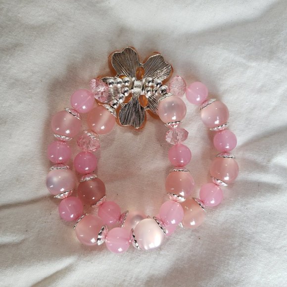 Pink Orange Flower Beaded Double Strand Bracelet Unbranded Elastic Stretchy - Picture 7 of 7